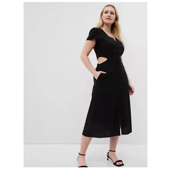 GAP Linen Blend Cutout Midi Dress With Pockets Black Size 8 Tall NEW - Picture 1 of 12